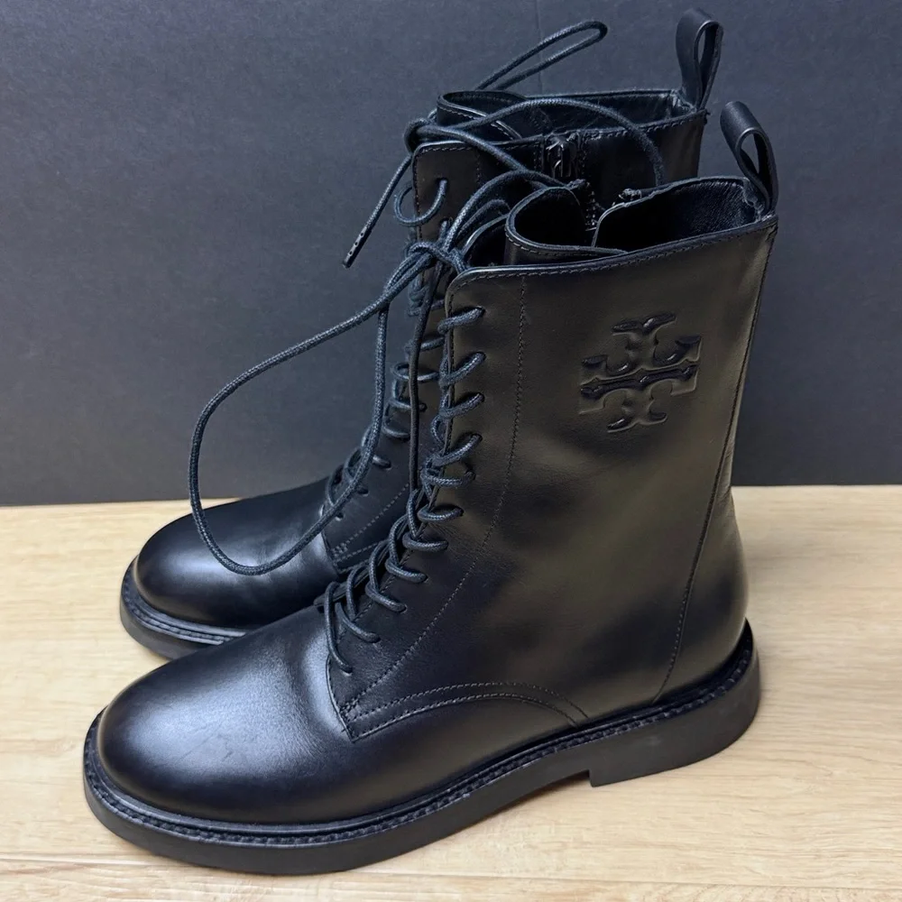 Tory Burch Black Embossed Logo Leather Lace-Up Boots, SIZE 8